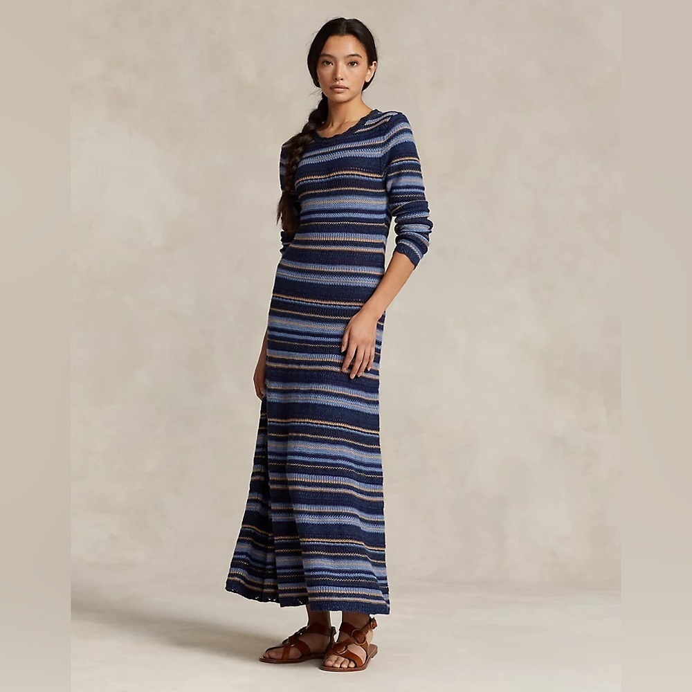 Polo Ralph Lauren Women Knitted Dress Blue Stripe Linen Cotton Wool XXL